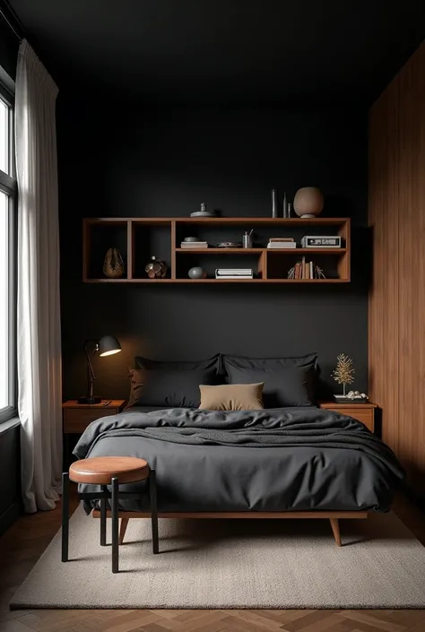 Bedroom: black wall, black ceiling, wooden furniture With wooden shelves and a black burro