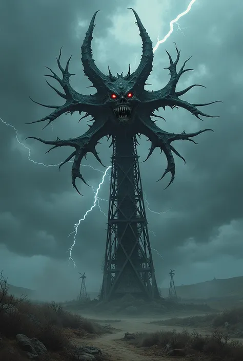 Make me a picture of a wind turbine with a devil's face