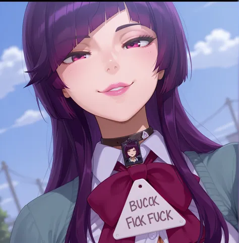 mischievous smile, dark purple hair, diagonal bangs... sign on neck "Fuck me", big round breasts, open white button down shirt, arrogant , big boobs, thin waist, pink lips