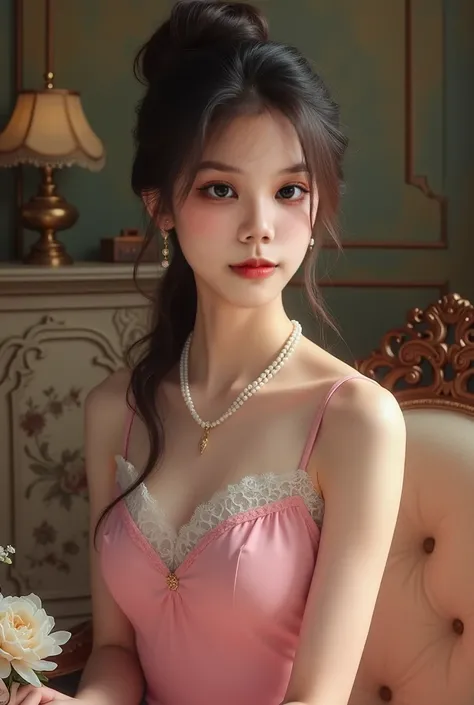 Realistic like a photo, full body, pretty female , big wide eyes, rich girl, pearl jewelry, wearing brand-name pink sweet dress, black hair, hair bun, pale white skin, small lips, master piece, photorealistic, amazingly detailed face,maximum resolution, cu...