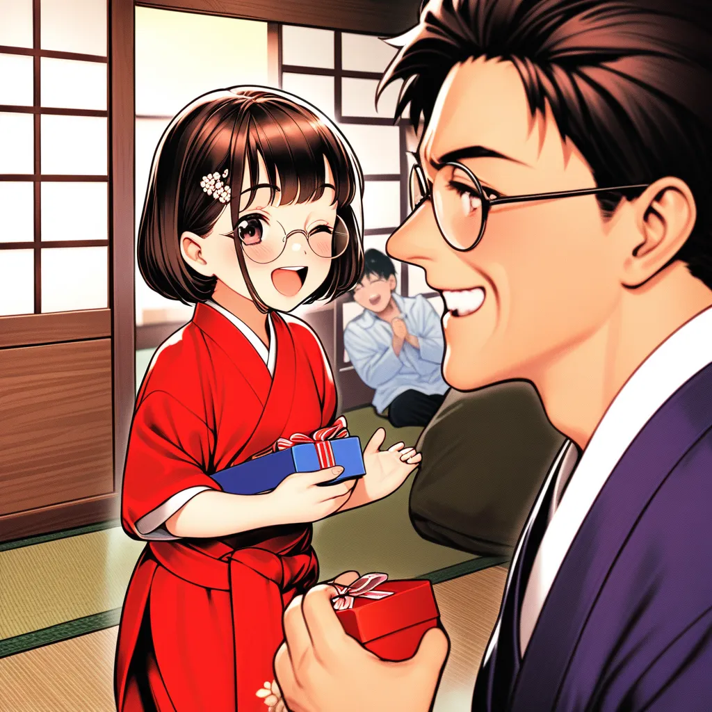 Woman in 40s, pleased, breasts, viewer, blush, smile, side view, (woman and son facing each other), short hair, open mouth, red kimono, embroidery, hair ornament, dark eyes, ((wearing round glasses)), brown hair, dark hair, pleased, ((son passing gift box)...