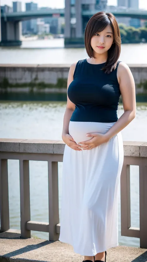 masterpiece, Best Quality, 8K,looking at the viewer,Japanese Lady,20 years old, huge pregnant, Voluptuous, bridge background, half tight fit top, midi skirt, shoulder length hairstyle