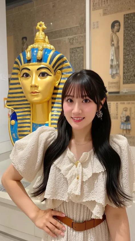 "A woman standing next to a life-like replica of King Tutankhamun's golden mask, smiling for a photo. The woman has medium-length dark hair, wearing a casual outfit, and is posing with one hand on her hip while holding a camera in the other. The golden mas...