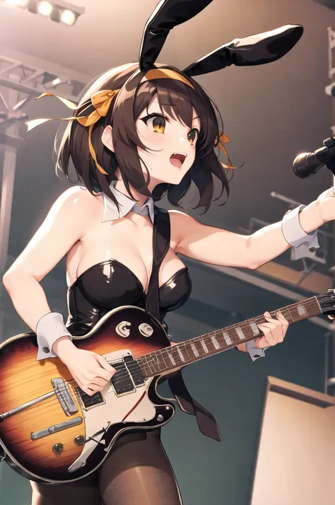 masterpiece, best quality, highres, suzumiya haruhi, solo, pantyhose, animal ears, rabbit ears, playboy bunny, brown hair, hairband, hair hair ribbon, short hair, medium, breasts, standing, on the stage, guitar,