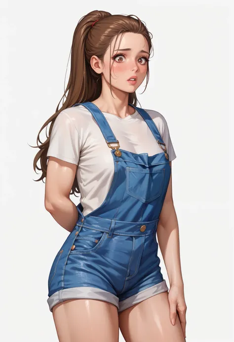 ((White background )) (Curve:1.1) rathing_explicit ,((1girl)) , (solo girl), (Long brown hair with a ponytail), lip stick, makeup, (brown eyes:1.05), (blush:0.3), Age 30 years (Russian girl) ((White T-shirt, denim overalls:1.4)) ,tall, long sexy legs, ((t...
