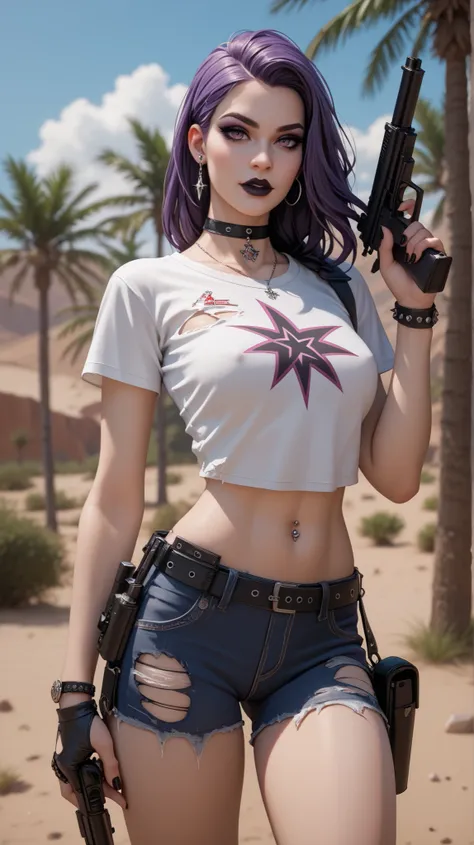 A Goth girl of 19 years old, third-size tits, purple hair, perfect figure, perfect body, stands and aims at a tree in the desert (evening time), wearing tight torn denim shorts and a white T-shirt, two gun holsters on her chest, holding two revolvers