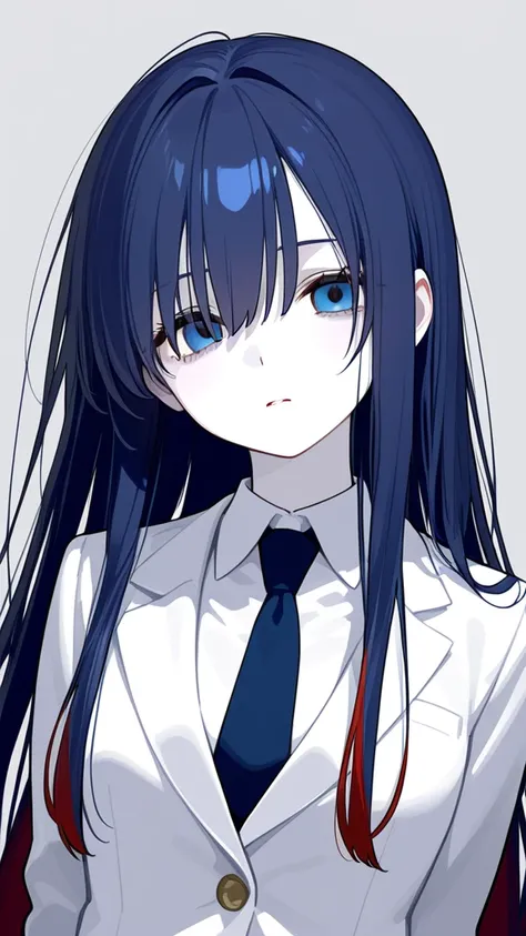 Schoolgirl girl.  long straight hair .  Dark blue hair with red tips.. pale skin.  blue eyes. tired eyes. The girl is wearing a white suit . 