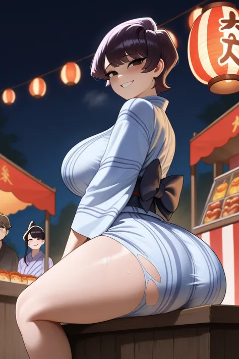 ( High resolution , resolution 2k ,  highly detailed) Shuuko Komi from the anime " Komi San can't communicate" (Yukata squeezing the curves,  color black, The sides of the fabric on the legs are torn), (Face of love, Ejos de Amor,  eyes of a heart,  lustfu...