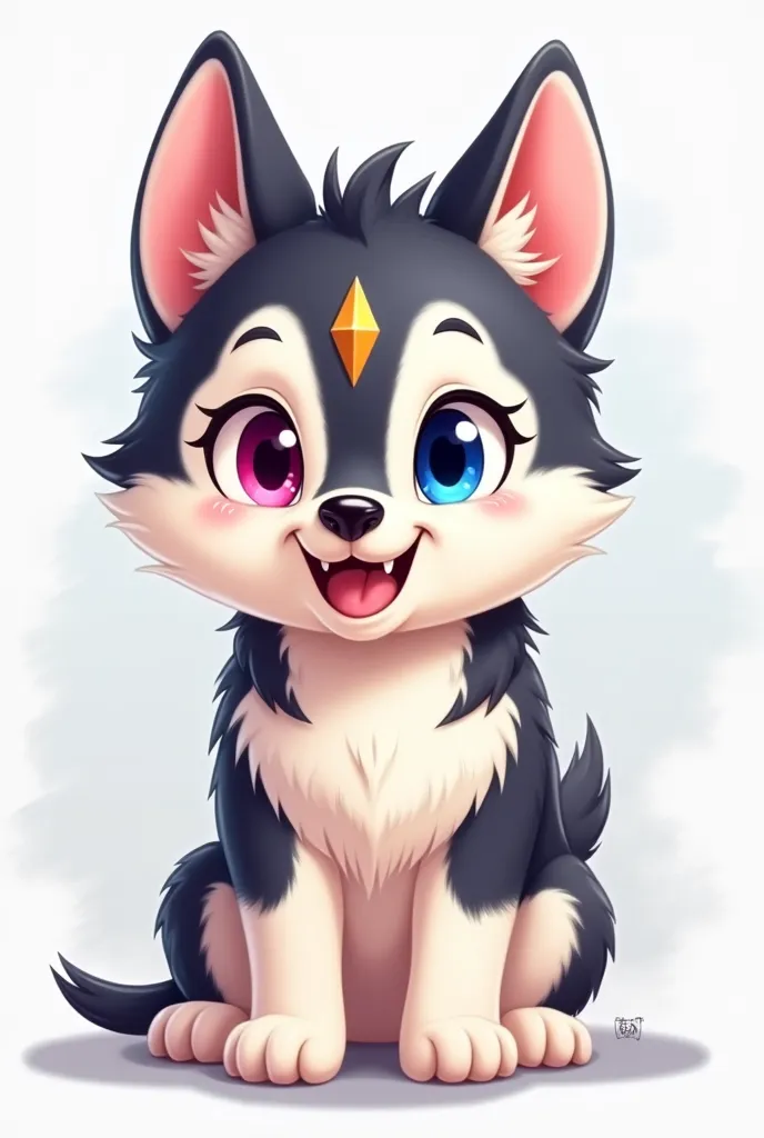 cartoon male (no eyelashes) husky pup with diamond marking on forehead. with visable canine teeth, give the husky   heterochromia  (one pink eye on the left, one blue eye on the right.