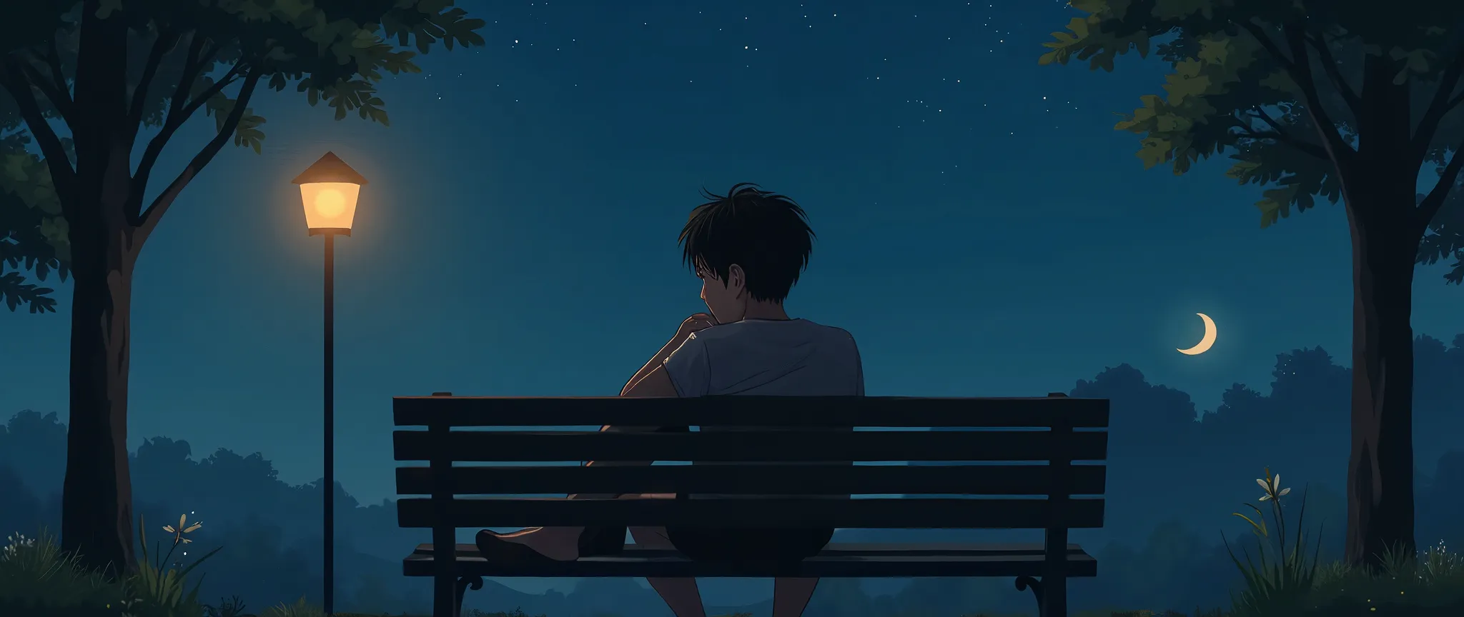 A picture of a young man or a Korean drama actress sitting alone on a park bench at night, amidst the dim light from a streetlight.
He or she is hugging himself gently or looking up at the sky, eyes filled with longing.
There are twinkling stars or a half ...