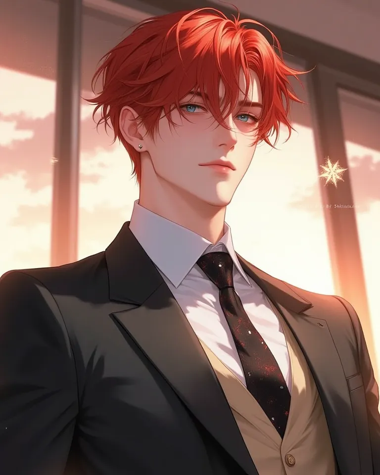 4k , 8k , (1male short red hair withbangs blue eyes) , ผู้ใหญ่ ,หล่อ, ชายอายุ 25 ปี, School environment , with school uniform , novel , manhwa , handsome man , very details , perspective , good focus , hair details , very anime eyes detais  , ตรงตามกายวิภา...