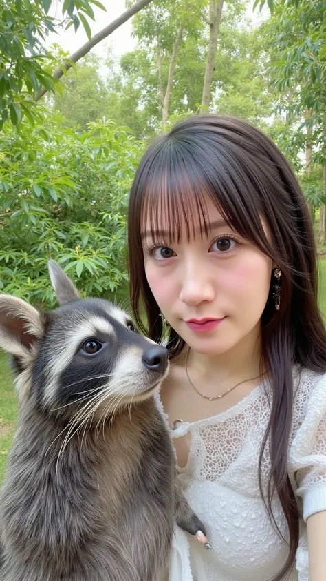 "A heartwarming scene of a wild raccoon gently kissing a smiling woman on the cheek. The woman has long, dark hair and is wearing a casual outfit, sitting outdoors in a peaceful, natural setting. The raccoon, with its distinctive black mask-like markings, ...