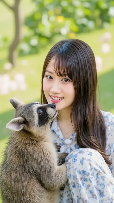 "A heartwarming scene of a wild raccoon gently kissing a smiling woman on the cheek. The woman has long, dark hair and is wearing a casual outfit, sitting outdoors in a peaceful, natural setting. The raccoon, with its distinctive black mask-like markings, ...