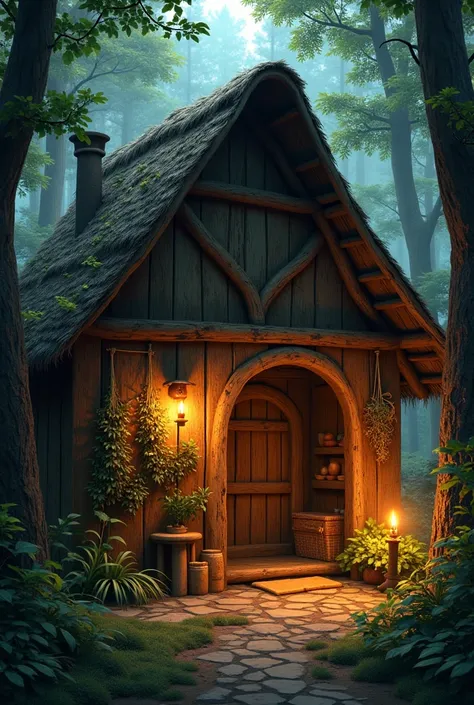 rustic hut in the forest, soft candlelight, herbs hanging on the walls.
