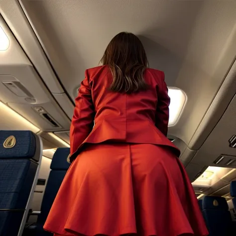 (Portrait full body), (Long Skirt), Waist high, Young sexy European girl, (Red Blazer), (Red Skirt), stewardess in tight Red uniform and with beautiful allured breasts. dynamic striking pose., view from behind, cabin air plane, (visible panty lines), vpl, ...