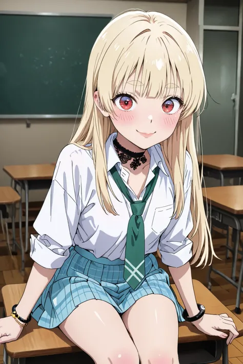  long blonde、 straight hair、 only the tips of the hair are pink、 hair to the front of the chest with thin eyebrows、The face is an egg face、、Brown with fine eyebrows、 has big eyes 、Red eyes 、Pink blush、 lips pink、The mouth opens wide to the side、Smiling fac...