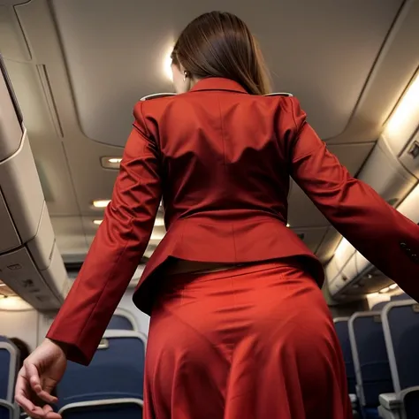 (Portrait full body), (Long Skirt), Waist high, Young sexy European girl, (Red Blazer), (Red Skirt), stewardess in tight Red uniform and with beautiful allured breasts. dynamic striking pose., view from behind, cabin air plane, (visible panty lines), vpl, ...