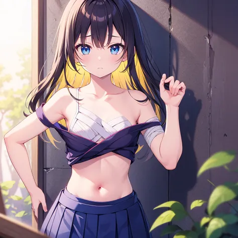  masterpiece,  high res, Alone, 8k,   Details,  Perfect Face,  top quality, ( Super Quality ), ( stares at viewers), (side), clavicle, Bare wrist,  medium, breast, Chest,   black hair,  long hair, yellow hair tie,  blue eyes, stomach, Stomach, belly button...