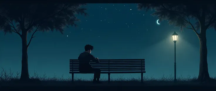 A picture of a young man or a Korean drama actress sitting alone on a park bench at night, amidst the dim light from a streetlight.
He or she is hugging himself gently or looking up at the sky, eyes filled with longing.
There are twinkling stars or a half ...