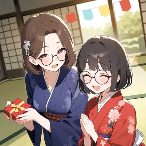 Woman in 40s, pleased, breasts, viewer, blush, smile, side view, (woman and son facing each other), short hair, open mouth, red kimono, embroidery, hair ornament, dark eyes, ((wearing round glasses)), brown hair, dark hair, pleased, ((son passing gift box)...