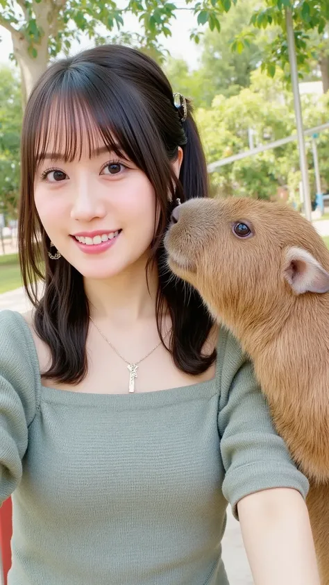 "A heartwarming scene of a woman smiling as her pet capybara gently gives her a kiss on the cheek. The woman has medium-length hair and is wearing a comfortable, casual outfit. The capybara, with its gentle and friendly expression, is standing next to her,...