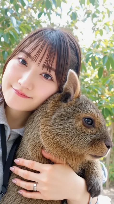 "A heartwarming scene of a woman smiling as her pet capybara gently gives her a kiss on the cheek. The woman has medium-length hair and is wearing a comfortable, casual outfit. The capybara, with its gentle and friendly expression, is standing next to her,...