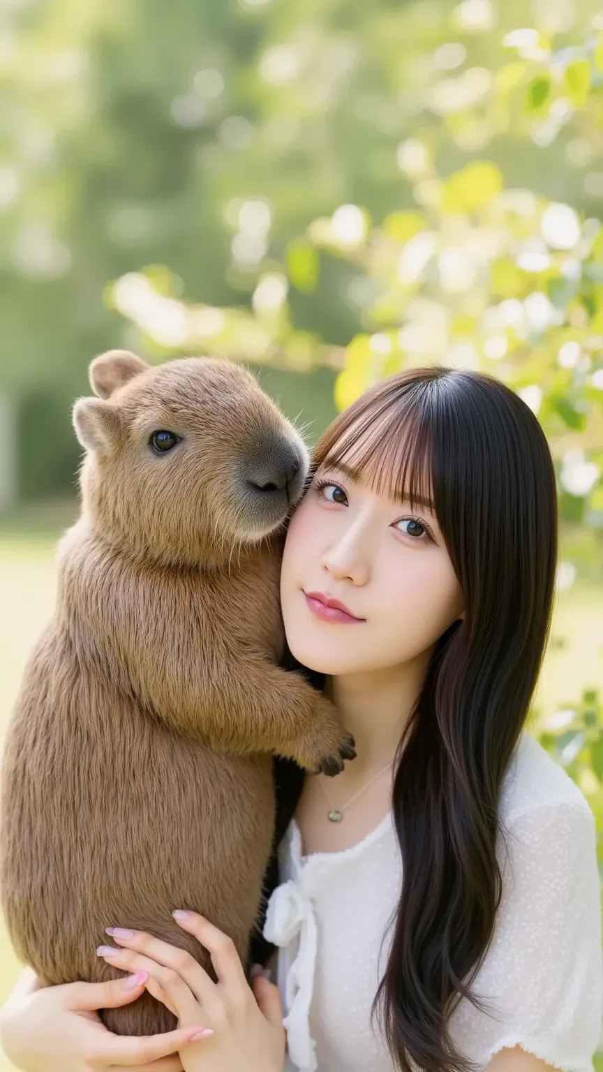 "A heartwarming scene of a woman smiling as her pet capybara gently gives her a kiss on the cheek. The woman has medium-length hair and is wearing a comfortable, casual outfit. The capybara, with its gentle and friendly expression, is standing next to her,...