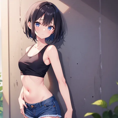  1 girl,  tomboy girl,  anime style,  masterpiece,  high res, Alone, 8k,   Details,  Perfect Face,  top quality, ( Super Quality ), ( stares at viewers), (side), clavicle, Bare wrist,  shoulder out,  small boobs, Chest,  black hair,  short hair, stomach, S...