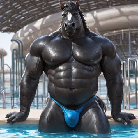 furry male, bara, mature male,
1boy, solo, abs, bara, bare pectorals, biceps, black furry, furry male, detailed fur, black horse boy, horse tail, horse ears, older, looking at viewer, huge bodybuilder, (slightly chubby:1.15), muscular male, shirt covered n...