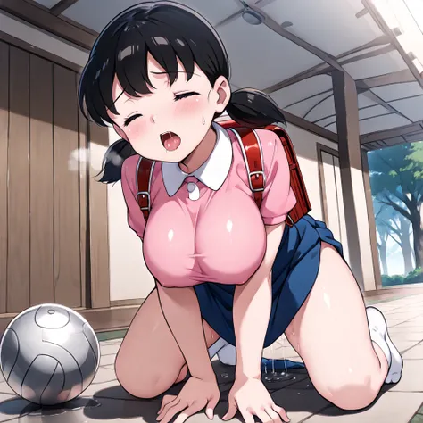  score_9,  source_Anime, rating_SAFETY BREAK 1GIRL ,  alone, Yuen Shizuka  \(  Doraemon\),  black hair,  Rotes Tail ,  short twin tails ,  dark eyes,  pink shirt and knee-length ,  white collar  ,  blue skirt from crotch, Sunny outdoors, ( Big Breasts:1.4)...