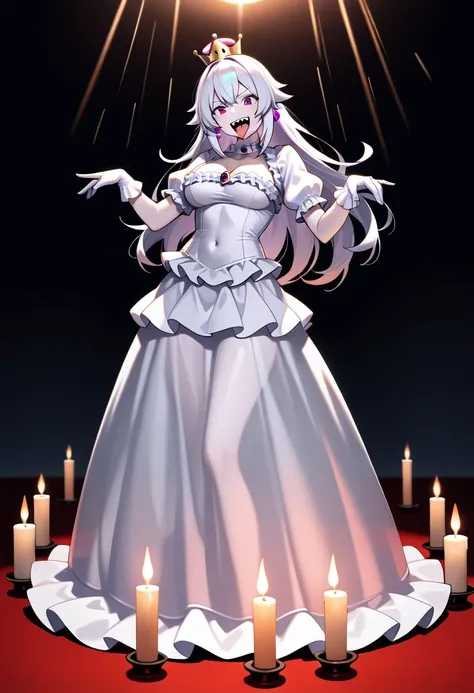 Mansion, (Princess King Boo: Young woman with long white hair and pale skin with purple eyes, full body, wearing a white dress with a crown and frills and white gloves, smiling, open mouth, tongue out, showing jagged, sharp teeth. Model pose, lit only by c...