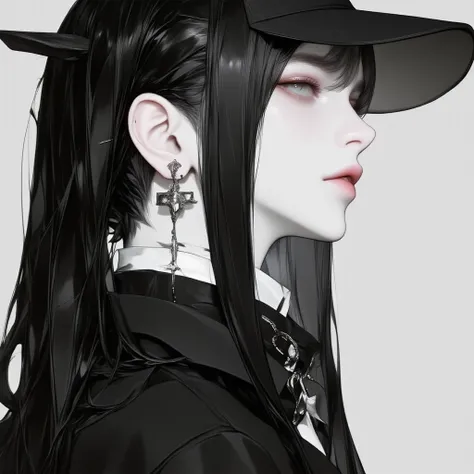 ((( Plan Gran General Camara Lejana :1.51)   long pointy ears+hair ( reaches down to her butt+sleek+black+ white porcellain like skin.long dark eyeslashes and light grey eyes. tall and lanky but with some muscles. clothing ( sleek elegant and simple+black+...