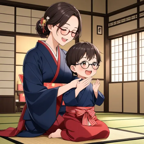 Woman in 40s, pleased, breasts, viewer, blush, smile, side view, (woman and son facing each other), short hair, open mouth, red kimono, embroidery, hair ornament, dark eyes, ((wearing round glasses)), brown hair, dark hair, pleased, ((son passing gift box)...