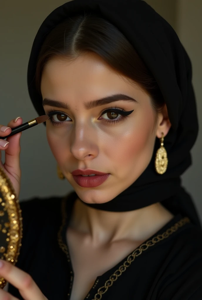 With these facial features create image of "A realistic, close-up shot of a young woman applying eyeliner, wearing a black headscarf that frames her face softly. The lighting is warm and natural, coming from the side, casting soft highlights and shadows on...