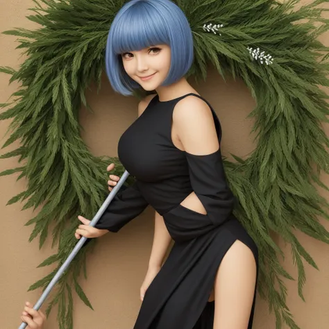 Armored Spear Trooper fgo ,20 years old,pure, looks affectionately ,smile,Laurel wreath , black dress, poses shyly and ,  pretty round face , tall,very dry, slim, light blue hair,  and has long bangs tilted strongly to the right to the side {x}, Detail Hai...