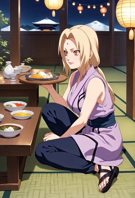  High quality anime illustration ,  Tsunade Senju,  Blonde woman ,  long loose hair with loose locks framing her face,  golden eyes,  violet diamond mark on the forehead ,  dressed in short cream-colored sleeveless kimono ,  fitted with a blue belt ,  tigh...