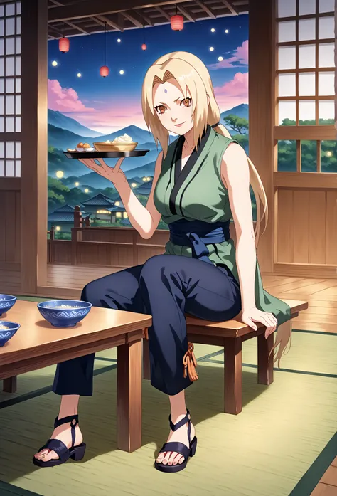  High quality anime illustration ,  Tsunade Senju,  Blonde woman ,  long loose hair with loose locks framing her face,  golden eyes,  violet diamond mark on the forehead ,  dressed in short cream-colored sleeveless kimono ,  fitted with a blue belt ,  tigh...