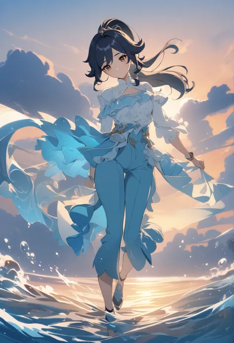 Genshin impact style, 1 girl, black hair, ponytail, brown eyes, sunrise, full body, pants, ivory ruffle blouse, azure blue color palettes, ripling water