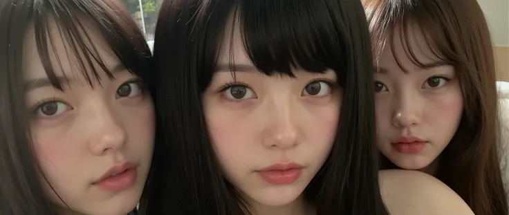 Black Sclera,  eyes black, that, 3 girls, 3 sisters, Selfie, 3 Korean singers , Idol, thin , slanted eyes,  big eyes,  fringe separated on the right side ,  youthful appearance ,  light black hair  , details eyes, student ,  Iris ,  smiling,  smile,  round...