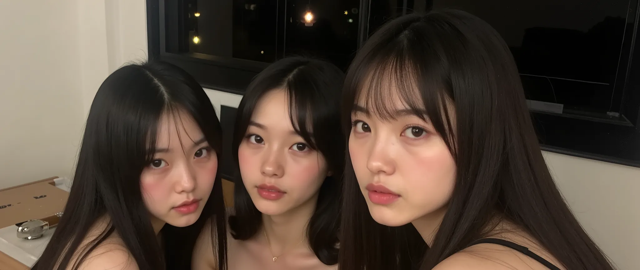 Black Sclera,  eyes black, that, 3 girls, 3 sisters, Selfie, 3 Korean singers , Idol, thin , slanted eyes,  big eyes,  fringe separated on the right side ,  youthful appearance ,  light black hair  , details eyes, student ,  Iris ,  smiling,  smile,  round...