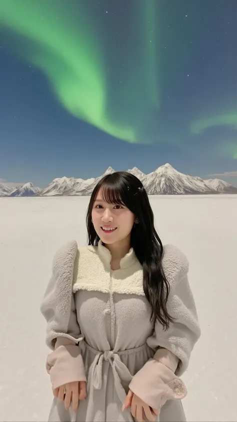 「Cold Winter Night、 It is a vast land covered with snow 、 A woman is taking a commemorative photo with the auroras in the background。 the auroras shine brightly green and purple 、The sky is beautifully colored 。 women wear thick coats and gloves 、 posing f...