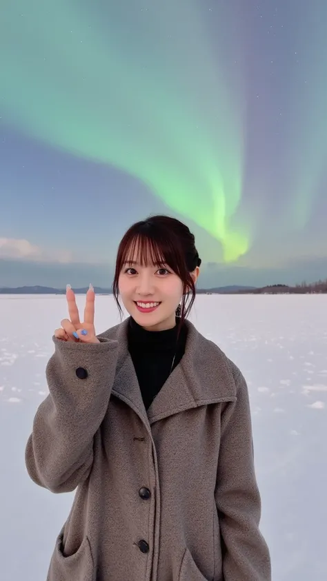 「Cold Winter Night、 It is a vast land covered with snow 、 A woman is taking a commemorative photo with the auroras in the background。 the auroras shine brightly green and purple 、The sky is beautifully colored 。 women wear thick coats and gloves 、 posing f...