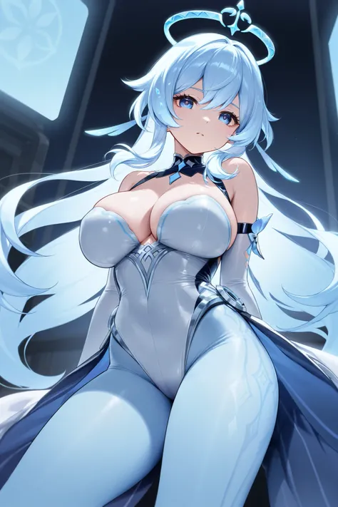 、 best thighs、 Genshin、Dispatched Light Wheel、 beautiful skin、Clear shadows、front、 neon 、Ice hair、light blue tights、Machine clothes、 long hair、Machine Eyes、Ice halo 、Big Breasts