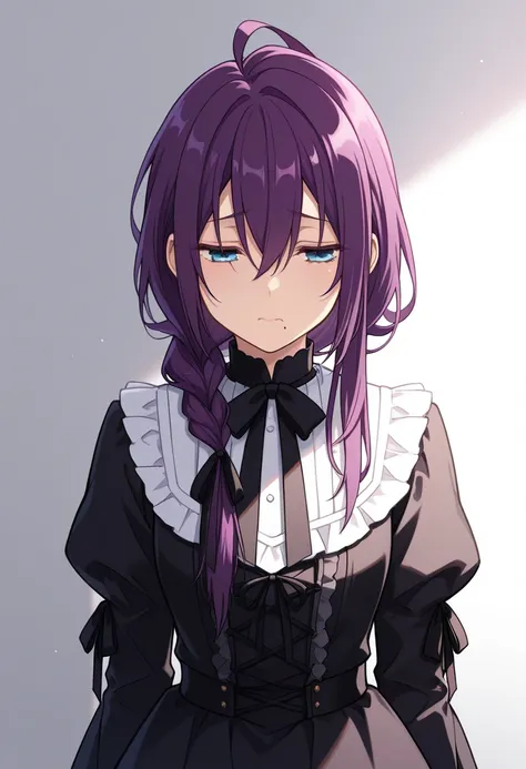 masterpiece, best quality, 
mayoi, 1girl, solo, purple hair, braid, single braid, long hair, ahoge, hair between eyes, hair over shoulder, ribbon, hair ribbon, blue eyes, mole, mole under mouth, sad, gothic lolita, tear