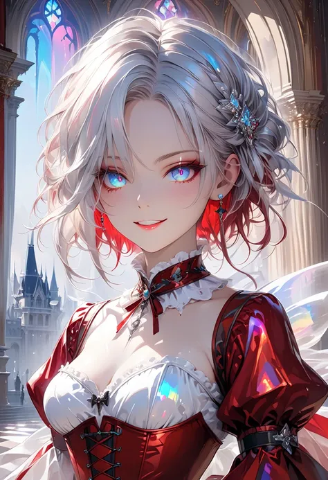 ultra detailed, absolutely resolution, masterpiece. 
cool beauty, cool gaze, cold stare, looking down, grin, evil smile, white gorgeous hairstyle. 
wearing Northern Renaissance-style red leather corset dress, gloves. 
palace room, Northern Renaissance styl...