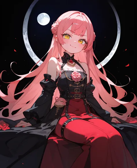  Alone , girl, Light Red Hair ,Black two piece set,sit, black background ,Fierce face, long hair, cute,Pink cheeks, Small Straps, Open Shoulders, Moon Red , in yellow eyes , princess ,polite,Not smiling, long skirt,Loli