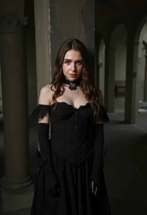 A woman with long, flowing brown hair stands against a weathered, textured pillar in a dimly lit, gothic-style setting. She wears a black, off-the-shoulder corset dress adorned with intricate lace detailing and a choker-style necklace. Her arms are covered...