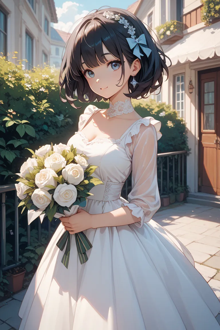 Girl holding a white bouquet in a cute, long-sleeved, low-exposure prom dress with bob hair, dark hair