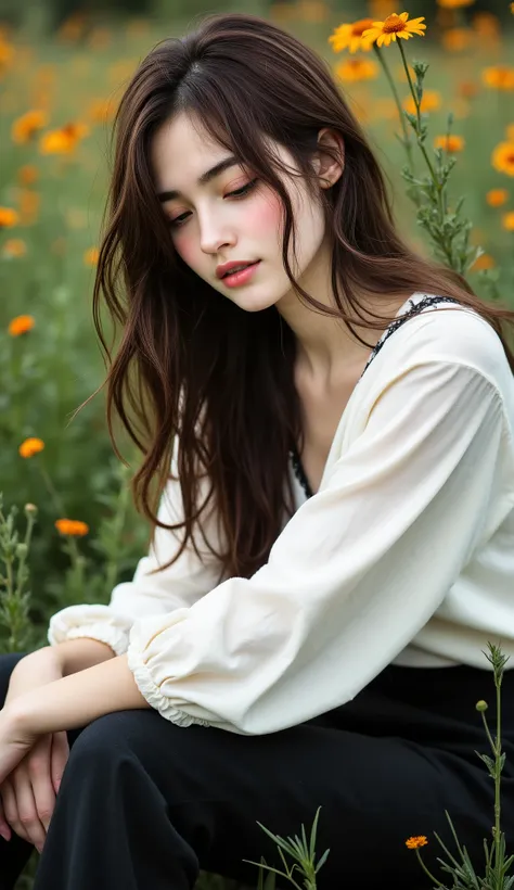 8 k,  Masterpiece ,  highest quality , Beautiful women in Russia,  long wavy brown hair. pale skin. rosy cheeks.  closed eyes.  serene expression . smile Loose white and cream blouse.  long sleeves .  Dark lace at the waist .  dark pants . Sitting leg to f...