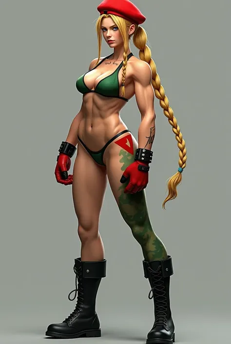 Cammy with blue eyes and long hair below the waist with two blond braids, with a scar on her left cheek. She wears a green thong swimsuit and a triangle symbol of "Red Delta" on the right side of her chest, red beret,  black boots,  red gloves . Her legs w...